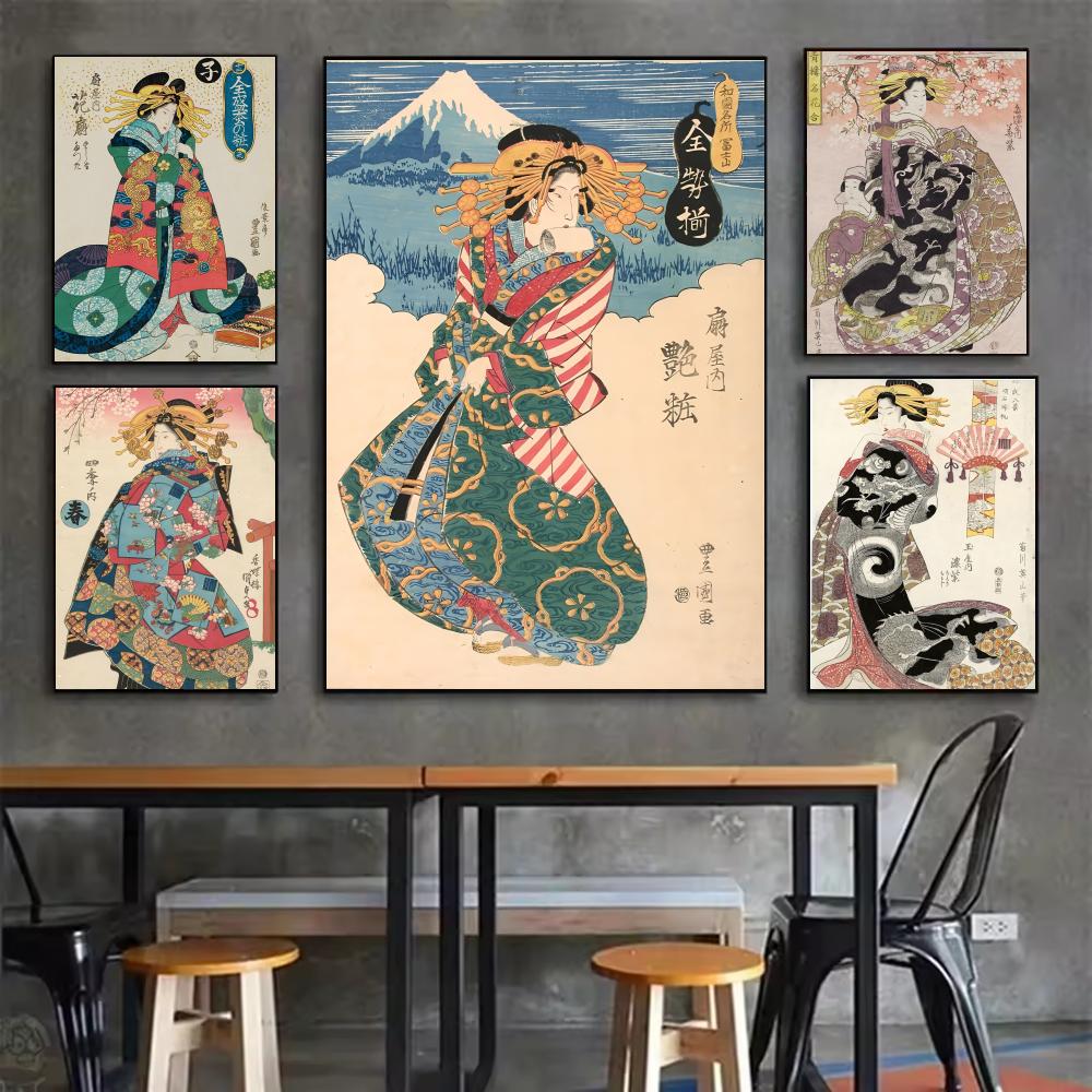 Interior Design With Wallpaper - โปสเตอร์เกอิชาญี่ปุ่นย้อนยุค สติ๊กเกอร์ติดผนังแบบมินิมอล ติดง่าย ดีไซน์สวยงามเรียบง่ายสำหรับตกแต่งภายในบ้านอย่างมีสไตล์