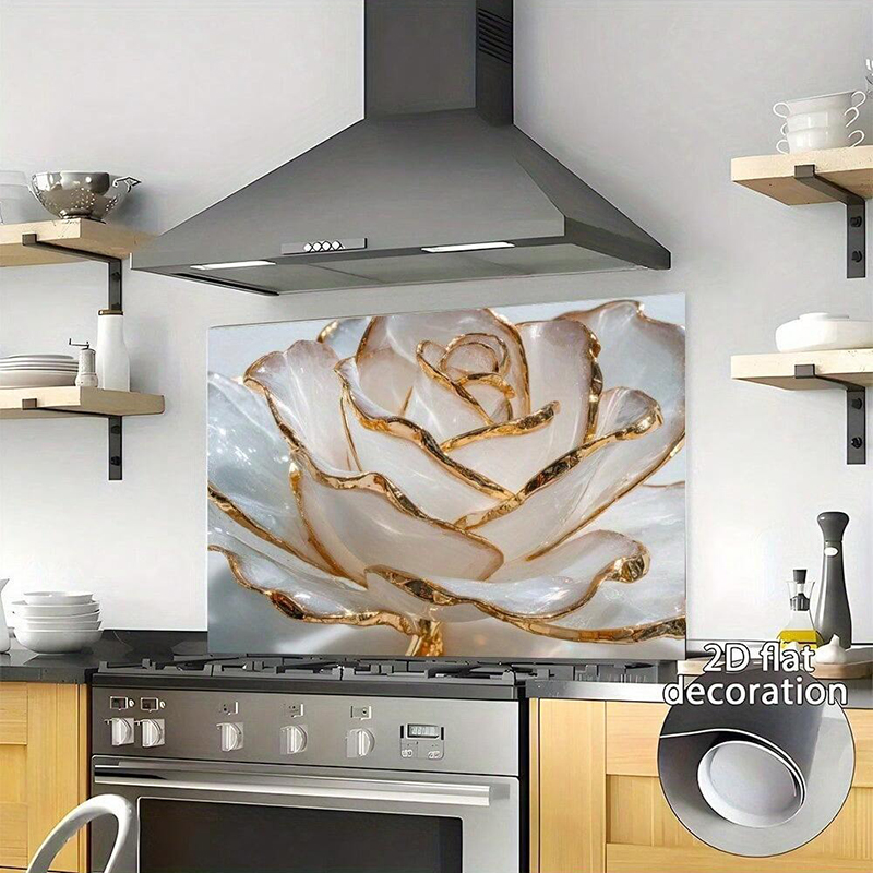 Interior Design Kitchen Modern - สติ๊กเกอร์ติดผนังลายดอกกุหลาบขอบทองหรูหรา เหมาะสำหรับตกแต่งบ้านและออกแบบตกแต่งภายในห้องครัวสไตล์โมเดิร์น