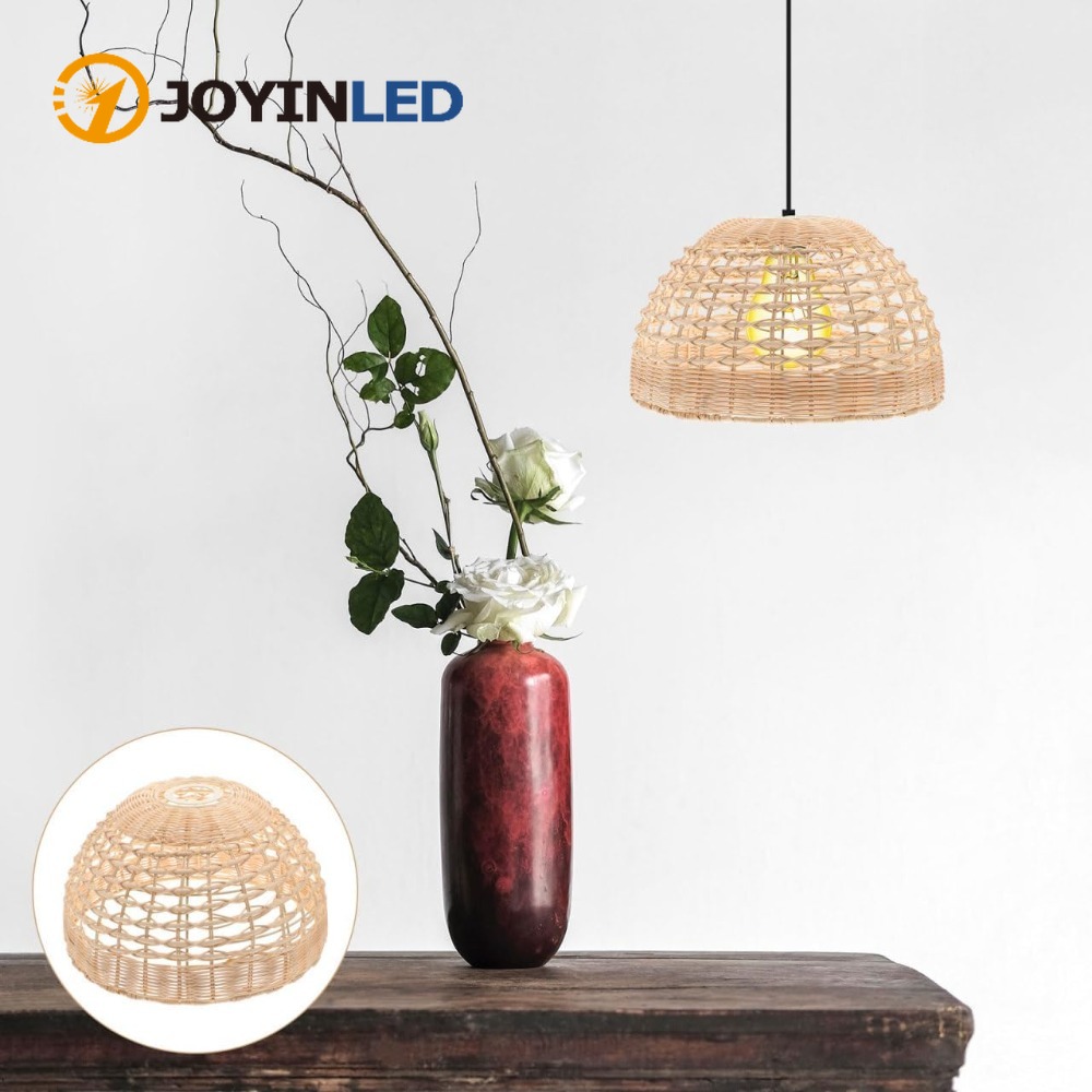 Wicker Pendant Shade - โคมไฟหวายทรงกรง โคมไฟแขวนเพดานสไตล์เรโทร โคมไฟหวายธรรมชาติสำหรับบ้านสไตล์ฟาร์มเฮาส์ ห้องนอน ขนาด 11×6