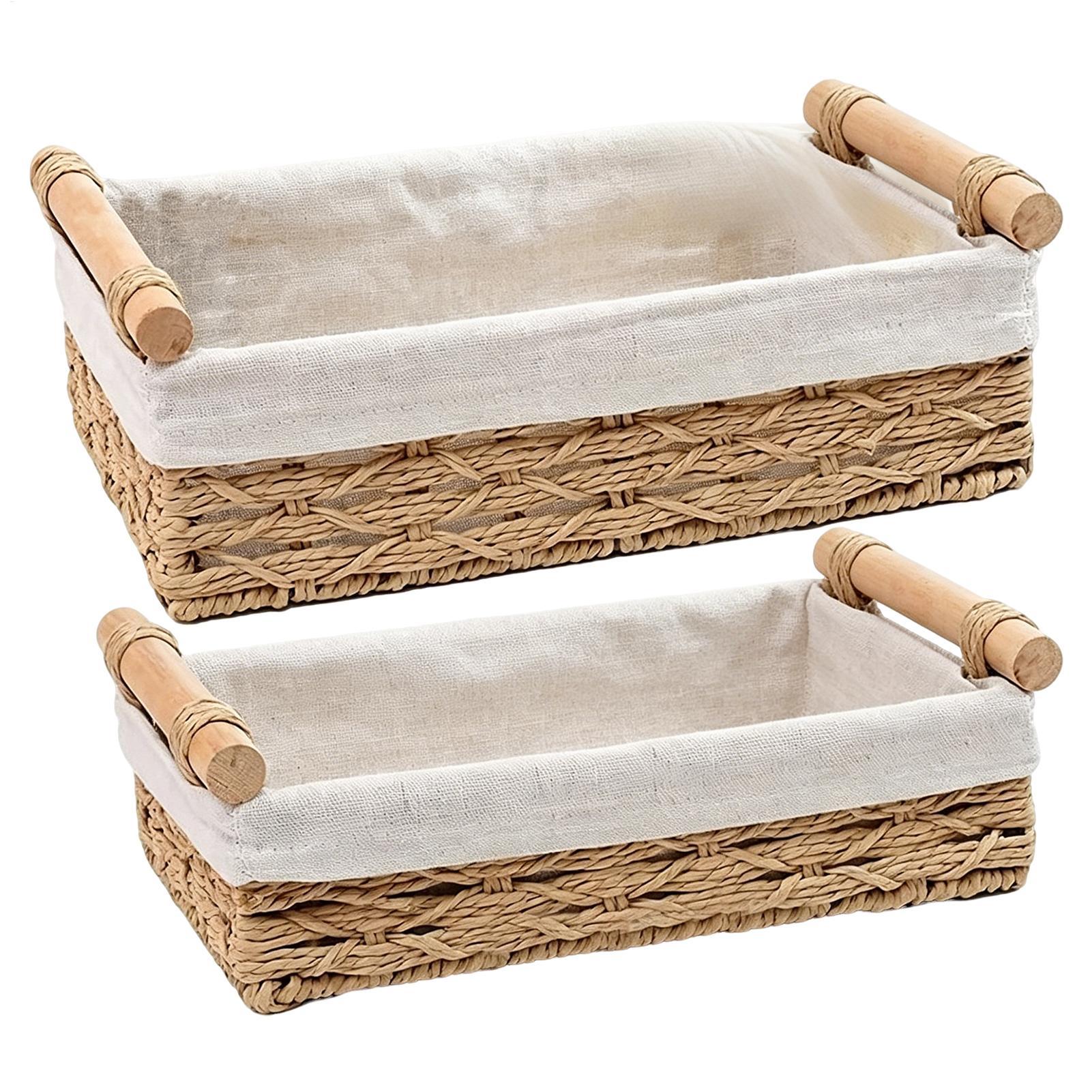 Rattan Tray Handle - ตะกร้าเก็บของพร้อมหูจับและแผ่นรอง, กล่องจัดระเบียบตกแต่งสำหรับรีโมทคอนโทรลบนโต๊ะ, ถาดจัดระเบียบบนเคาน์เตอร์สำหรับใช้ในบ้าน