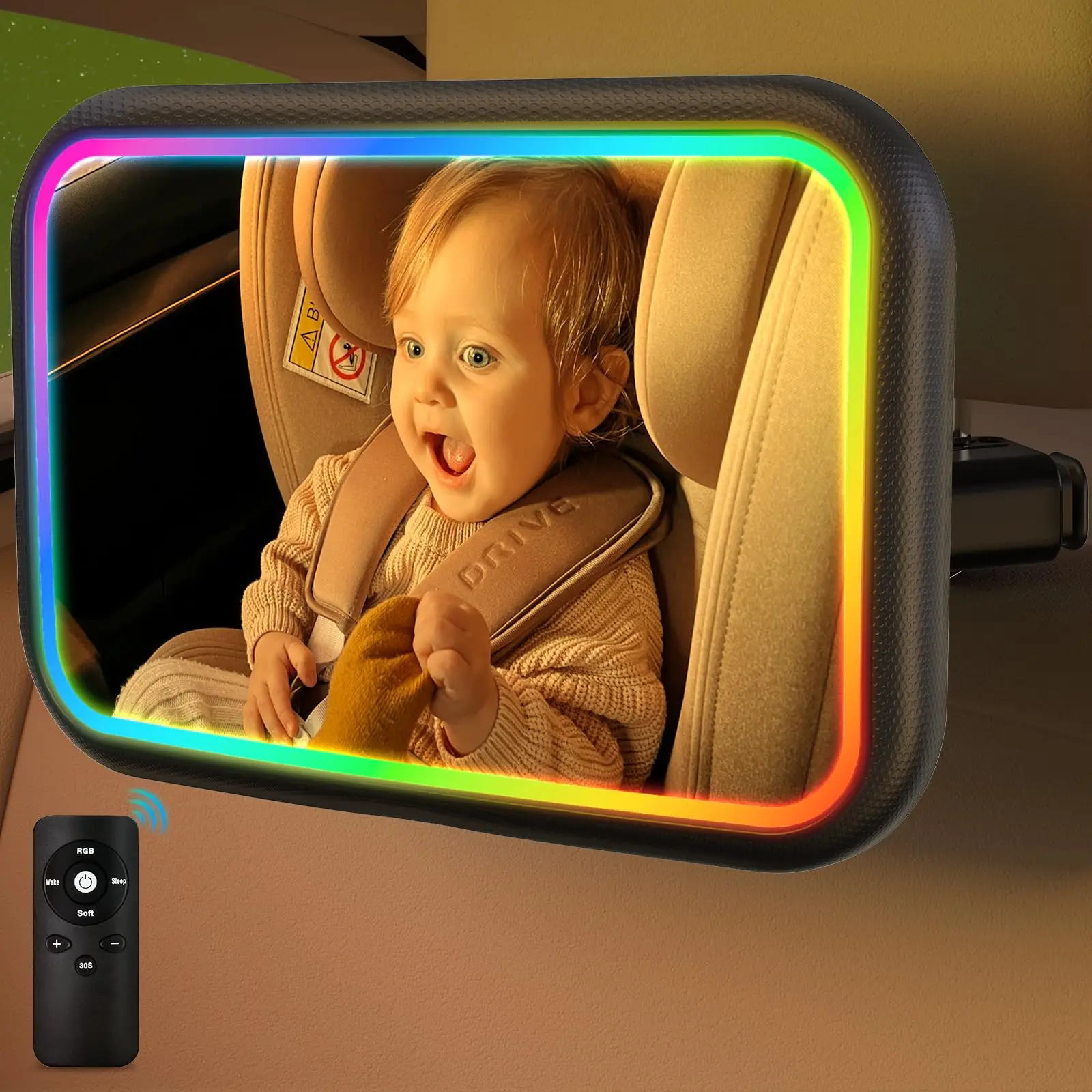 Interior Design Remote - กระจกมองหลังในรถยนต์สำหรับเด็กพร้อมไฟ, กระจกมองหลังในรถยนต์สำหรับเด็กแบบมีไฟ RGB 7 สี พร้อมรีโมทคอนโทรล