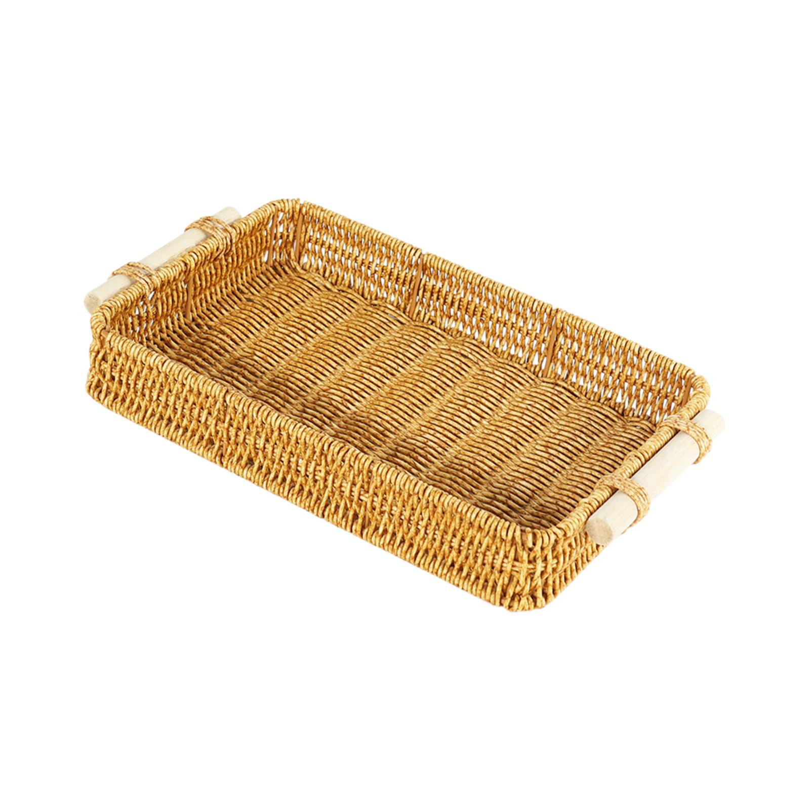 Rattan Tray Handle - ตะกร้าเก็บของสานลายหวายเทียมพร้อมหูจับ สำหรับจัดระเบียบโต๊ะครัว ถาดเสิร์ฟผลไม้และขนมปัง อเนกประสงค์สำหรับใช้ในบ้าน