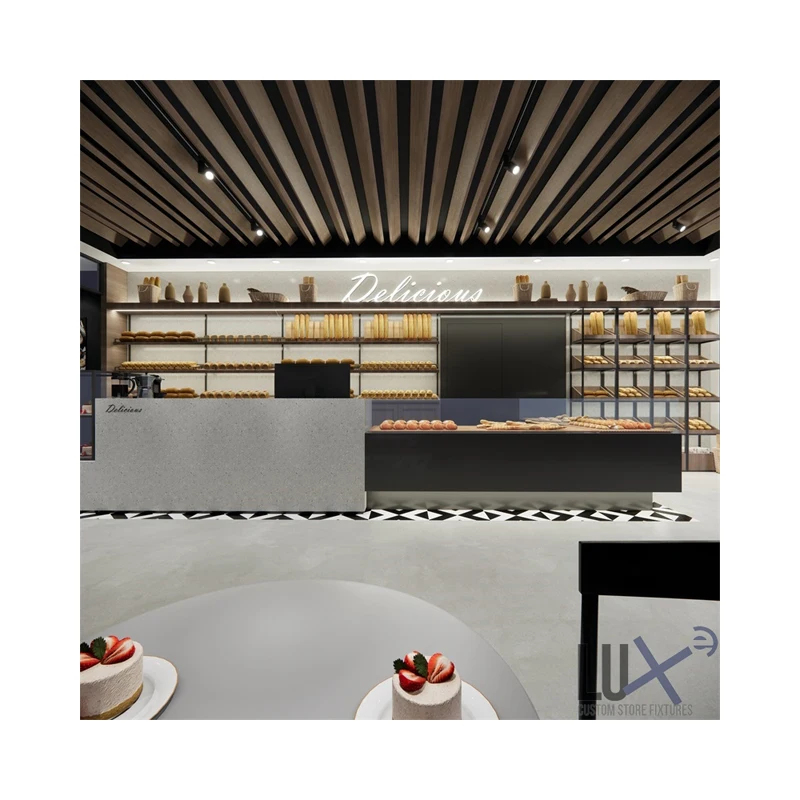 Interior Design Years - ตู้โชว์เค้กไม้สำหรับร้านเบเกอรี่ รุ่น custom.BaSD005-N6 สีทองเงิน ได้รับรางวัล ออกแบบตกแต่งภายในร้านทั้งหลัง