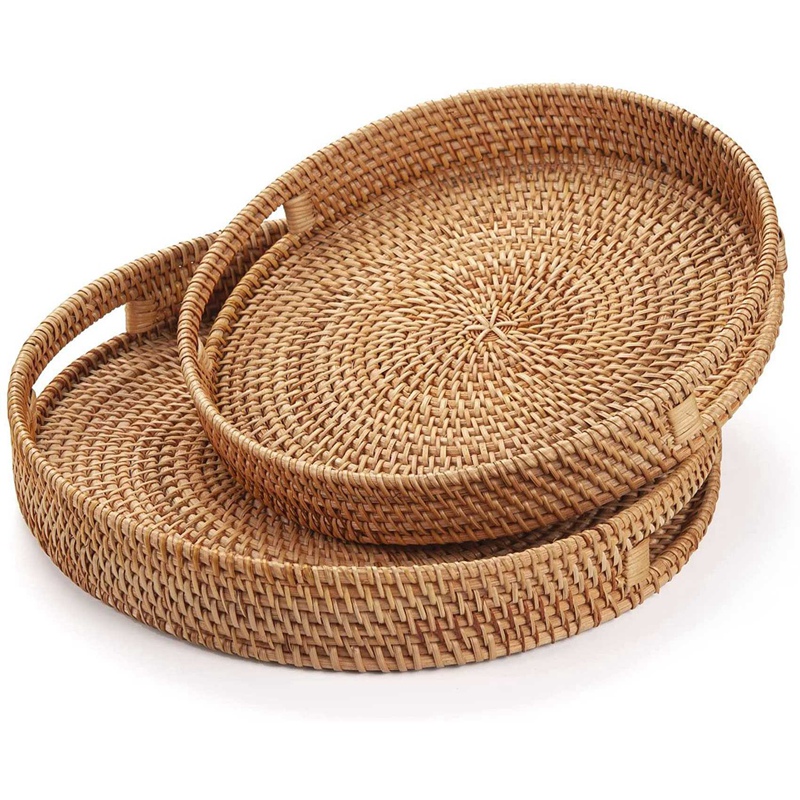 Rattan Tray Handle - ถาดเสิร์ฟหวายทรงกลม ถาดออตโตมันสานตกแต่งพร้อมหูจับ สำหรับโต๊ะกาแฟ สีธรรมชาติ