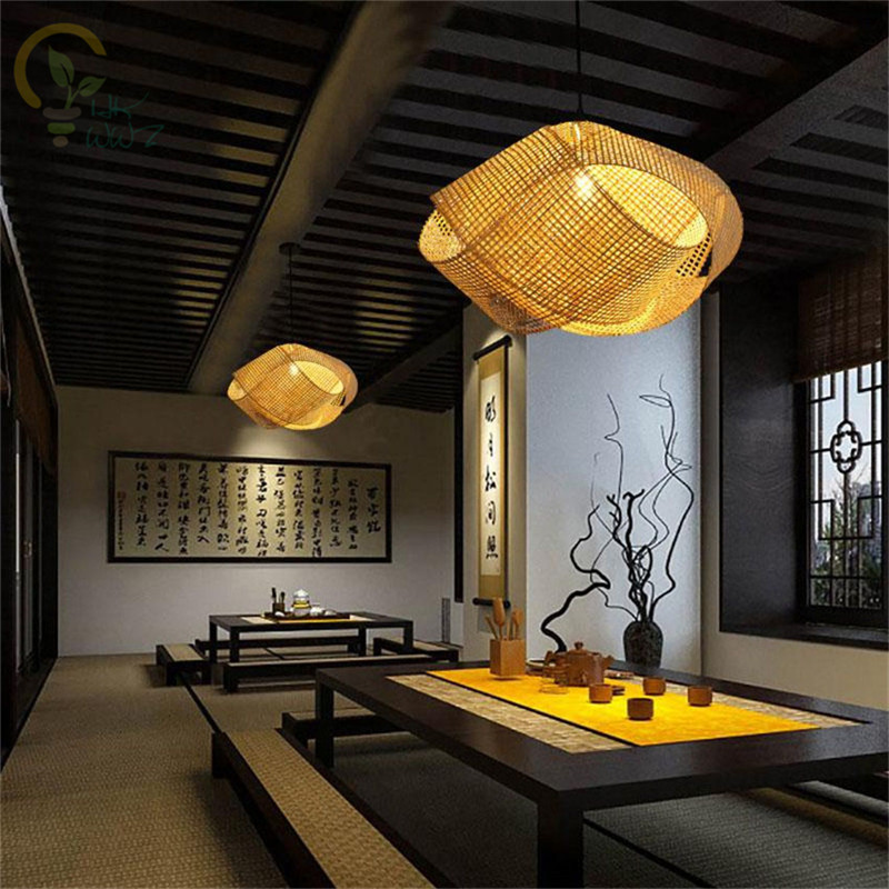 Wicker Pendant Shade - ใหม่จีนไม้ไผ่หวายหวาย Cloud Shade จี้โคมไฟ E27 แขวนโคมไฟห้องนั่งเล่นโรงแรมร้านอาหารทางเดิน