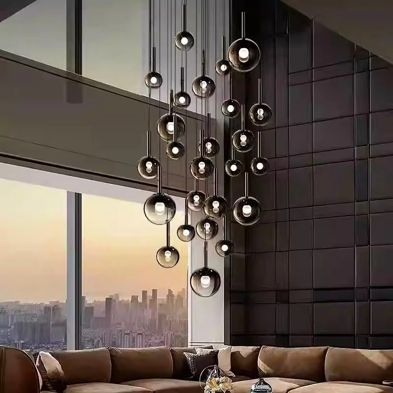 Interior Design Remote - การออกแบบที่เรียบง่ายสีดําโคมระย้าแก้วปิงปองความมันวาวฮาร์ดแวร์ลวดแขวนเพดานสําหรับไฟภายในบ้าน