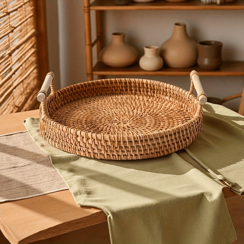 ถาดหวายทรงกลมทำมือพร้อมหูจับคู - Rattan Tray Handle บทวิจารณ์และราคา